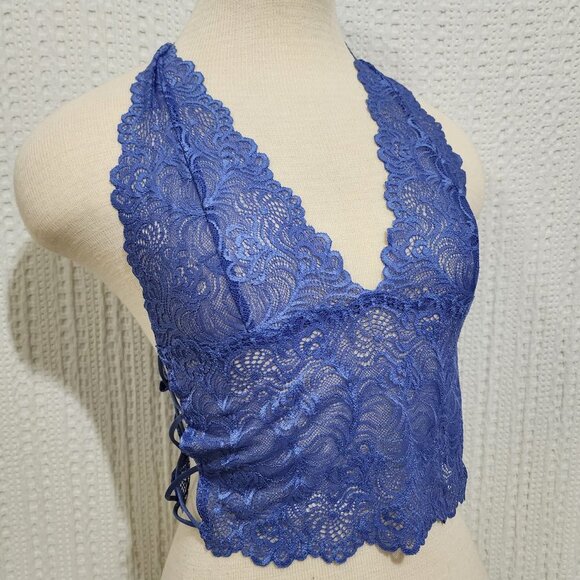 Frederick's of Hollywood Y2K Periwinkle Lace Low Cut Lingerie Halter Top Medium - Picture 1 of 13